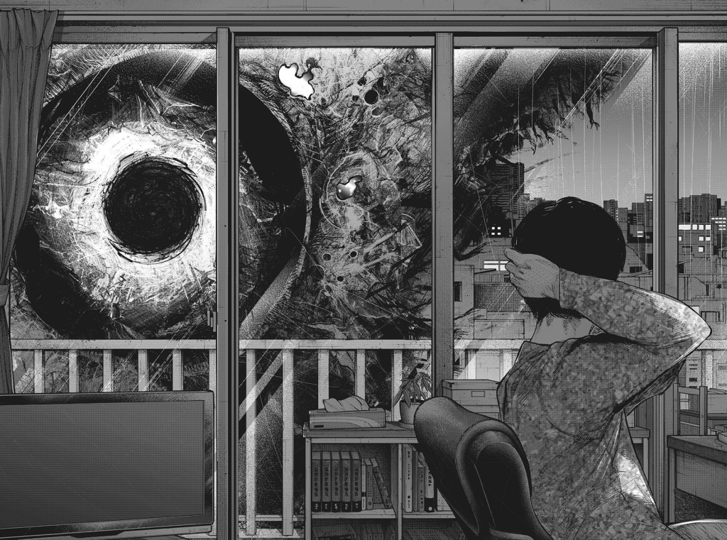 A guy looks out at his balcony and sees a big ass eye and some fucked up whatever surrounding it. It's hard to put words to this image, but it's rather striking. 