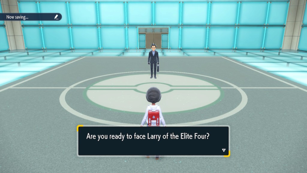 Are you ready to face Larry of the Elite Four? He's standing straight and holding a suitcase.