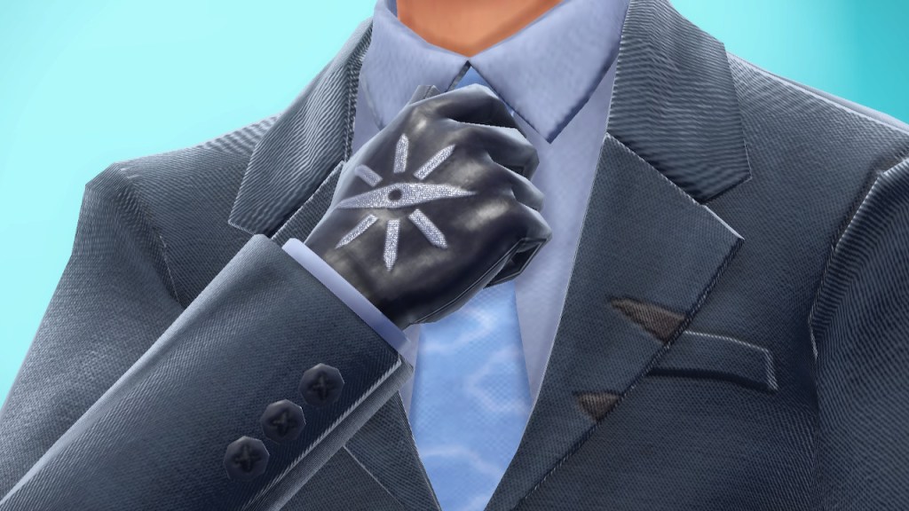 Zoom in on Larry adjusting his tie. He has black gloves with a compass on them, a light grayish blue undershirt, and a blue tie with white outlines of clouds on it.