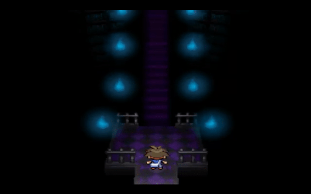 A dimly lit staircase, lit only by the light from the doorway at your back and pale blue flames on either side.