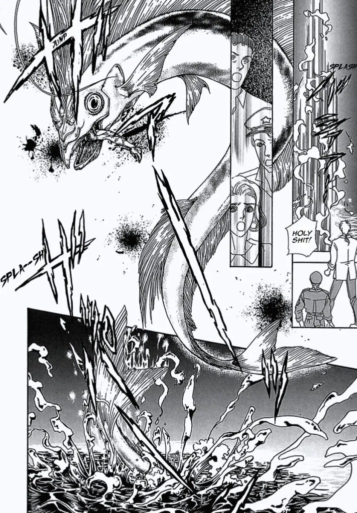 HOLY SHIT!! The cops look on in astonishment. 

A serpent like fish bursts out of the water with an arm dangling out of its mouth. 