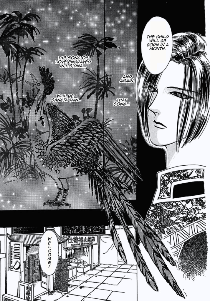 Count D has a neutral expression as he says, "The child will be born in a month.
And again, that song... The song of the love engraved in its dna... Will be sang again."

We see the bird in its more birdlike form. Looks like a cross between a crane and a peacock.