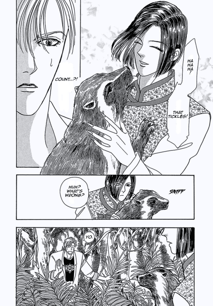 "Ha ha ha! That tickles!" Count D says with a smile while holding a wolverine-looking mammal that's licking him.
"Count...?!"
"Huh? What's wrong?" the wolverine notices the detective before Count does.
"Yo." So says the detective with an awkward smile.