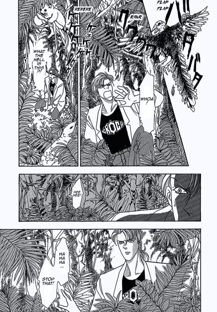 A prehistoric bird appears before him.
"Whoa!" 
"What the hell is this?!" The Detective asks in exasperation.

He hears a "Hee hee!"
"Ha Ha Ha... Stop that!"