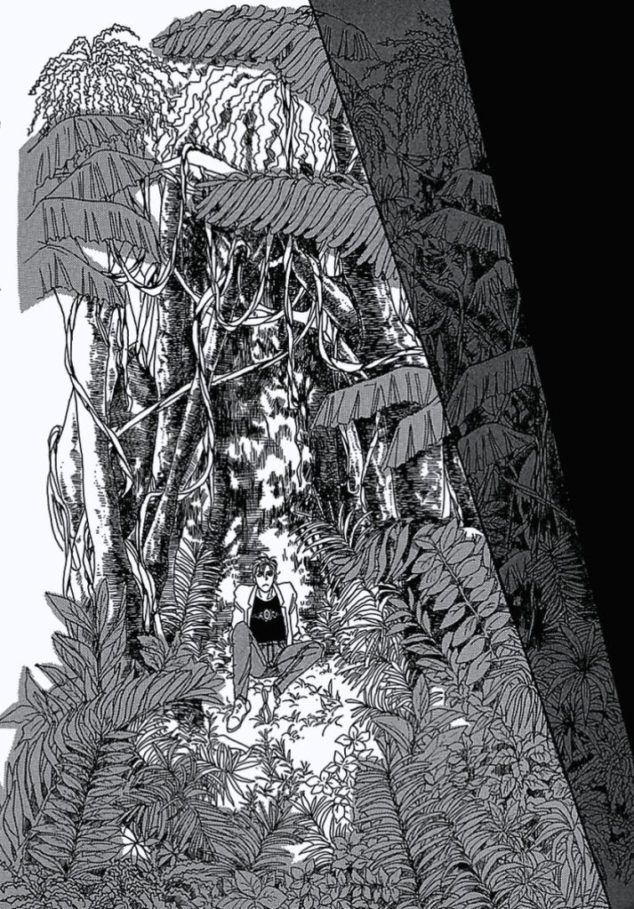 He wakes up in a tropical jungle