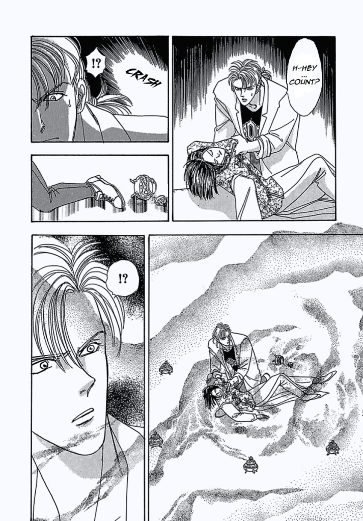 "H-hey... Count?" The detective is holding a passed out Count in his arms.
CRASH 
?! 
The Detective knocked over an incense thing.
He's surrounded by them. 
"!?" 
