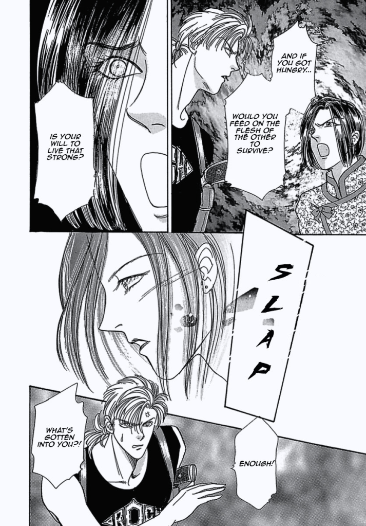 "And if you got hungry... would you feed on the flesh of the other to survive?"
"Is your will to live that strong?" Count D has his mouth wide open, he looks exasperated.

The detective slaps Count D.

"Enough! What's gotten into you?!" He looks nervous and angry. That's gotten him defensive. 