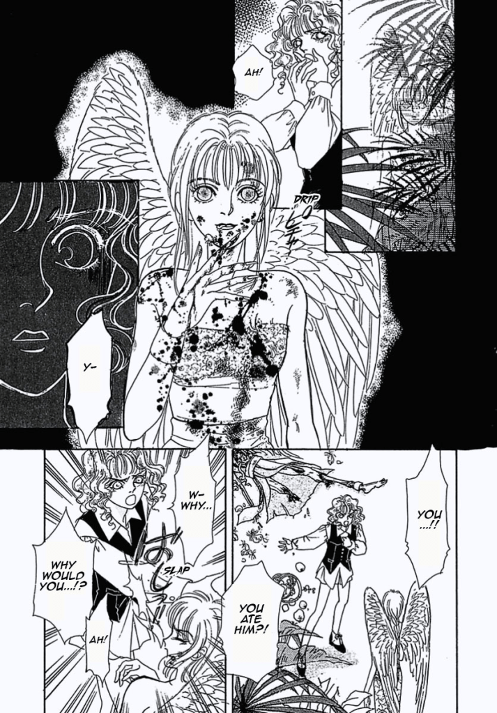 "AH!"
The bird lady is covered in blood.
"You...!! You ate him?!" the woman is angered and shocked.
"W-why... Why would you...!?" she slaps the bird lady.
"AH!" 