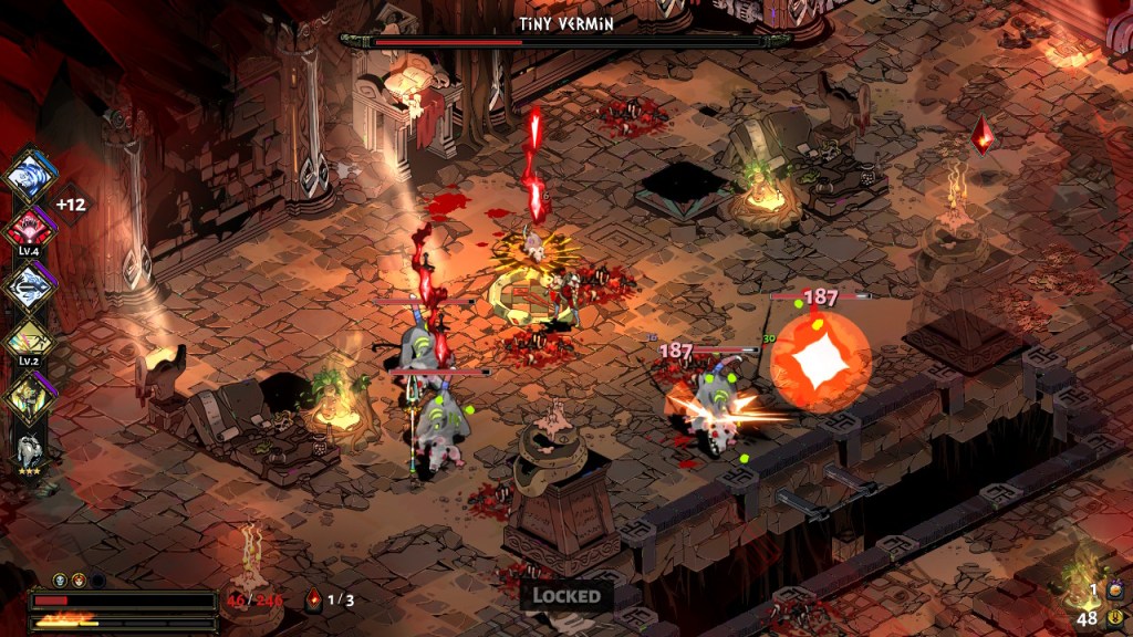 We're in the middle of the fight, there are a whole lot of big rats around the small rat, and Zagreus is dropping some Ares doom on them all.