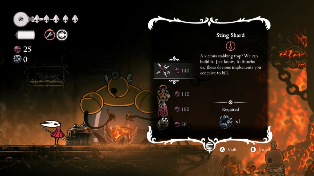 We're in the forge area of Deep Docks. The big bell headed blacksmith guy sells a Sting Shard for 140 rosaries. The description reads, "A vicious stabbing trap! We can build it Just know, it disturbs us, these devious implements you conceive to kill."