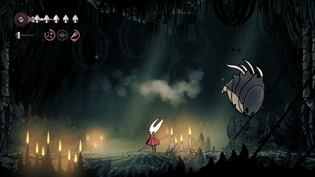 The Savage Beastfly flies past Hornet overhead while Hornet stands around with her back turned away from it. 