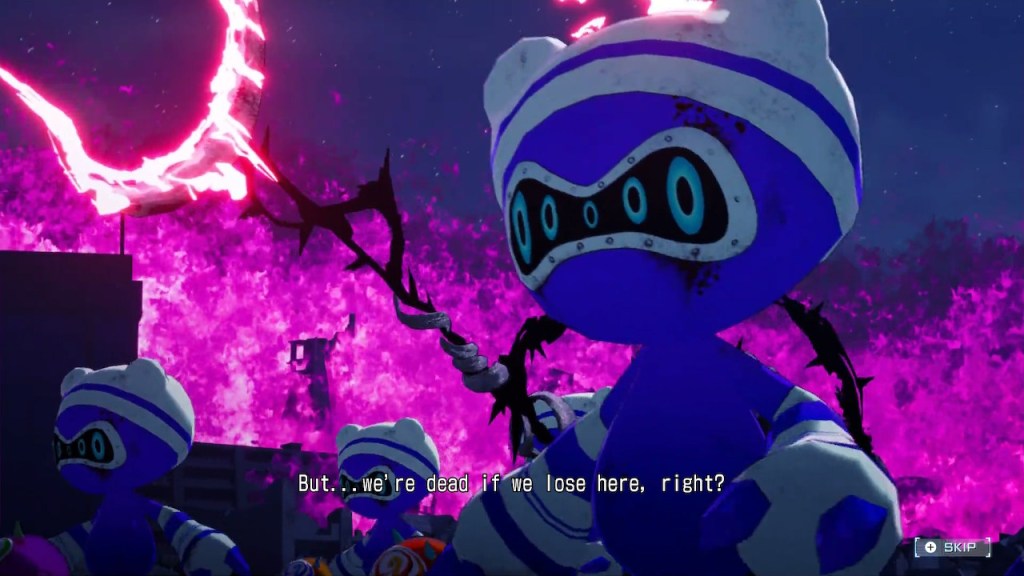The dialogue says, "But... we're dead if we lose here, right?" There are pink flames in the background, and a few purple bear-like Invaders in the foreground. They look a bit grungy and a bit ridiculous. 