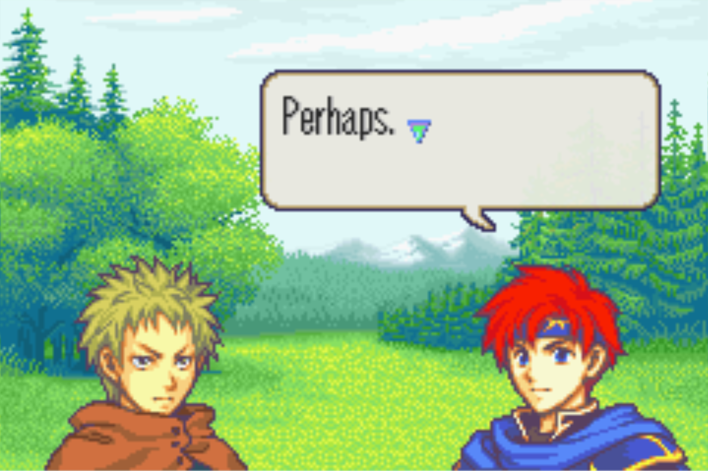 A red haired guy in a retro looking game says, "Perhaps."
