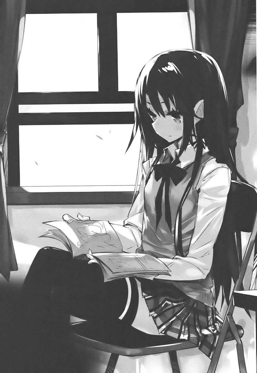 Black and white illustration of a dark haired young lady reading a book on a chair.
