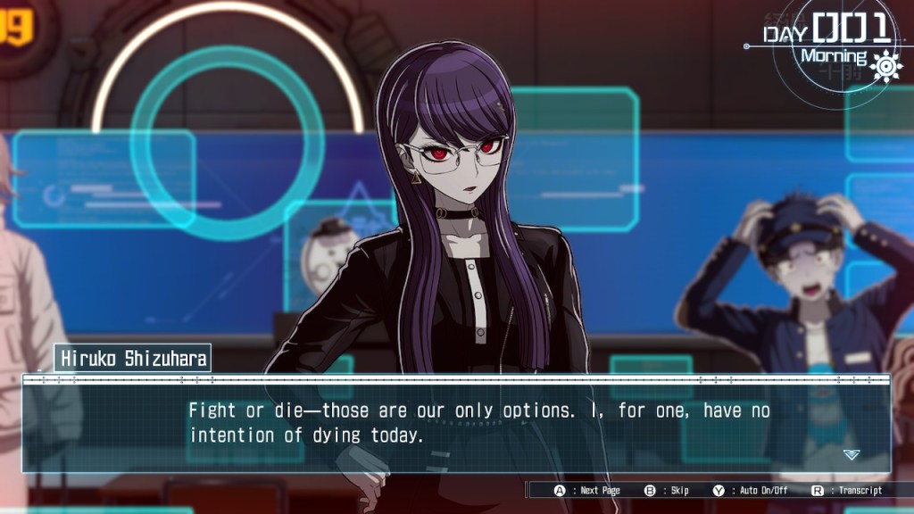 Hiruko says, "Fight or die–those are our only options. I, for one, have no intention of dying today." Gaku's got his hands on his head and looks terrified in the background. Hiruko looks stonefaced. This scene happens on Day 1. 