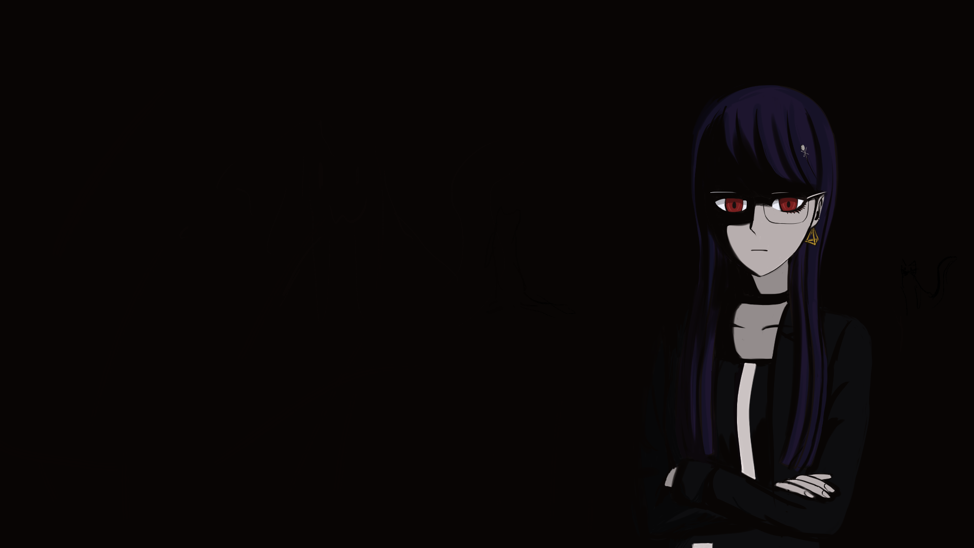 Black background, a woman with long purple hair, red eyes, dark clothing, and glasses has her arms crossed, also partially in shadow.