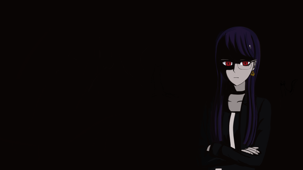 Black background, a woman with long purple hair, red eyes, dark clothing, and glasses has her arms crossed, also partially in shadow.