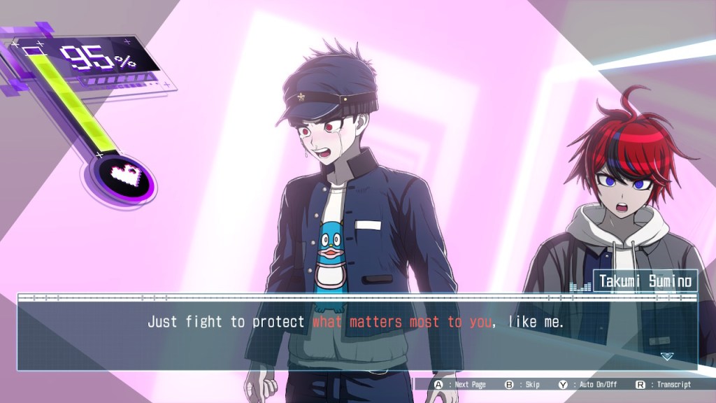 This is during Gaku's persuasion scene. Takumi has a determined expression, he's 95% of the way to persuading Gaku. Gaku's crying. Takumi says, "Just fight to protect what matters to you, like me." 