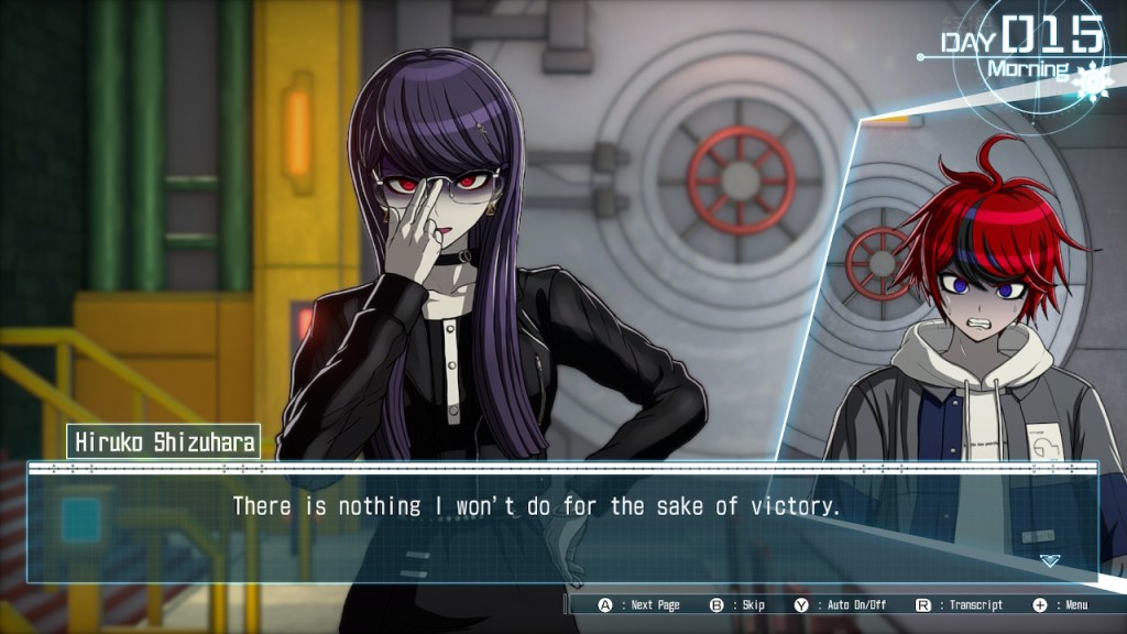 Hiruko has that shadowed eye adjusting glasses pose again, "There is nothing I won't do for the sake of victory." Takumi grimaces. This scene takes place on the morning of Day 15.