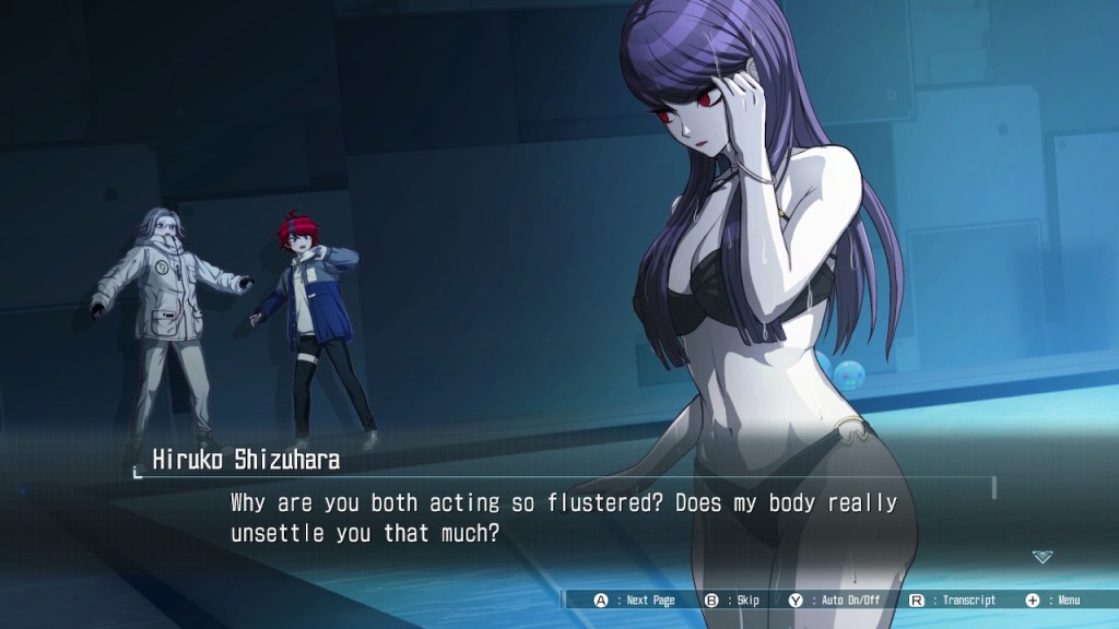 They're in the leisure room, which has dark blue walls and the lighting seemingly comes from the pool itself. Hiruko is getting out of the water. She's wearing a black bikini.Takumi and Eito both look blushy and surprised. Hiruko says, "Why are you both acting so flustered? Does my body really unsettle you that much?" 