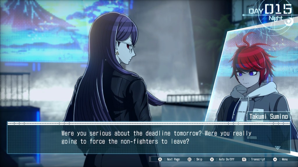 Takumi looks grim as he asks her, "Were you serious about the deadline tomorrow? Were you really going to fore the non-fighters to leave?" This is a continuation of the leisure lounge scene on the night of Day 15.