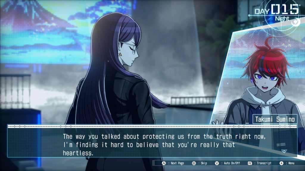 Takumi has a sort of nervous smile as he continues, "The way you talked about protecting us from the truth right now, I'm finding it hard to believe that you're really that heartless." 