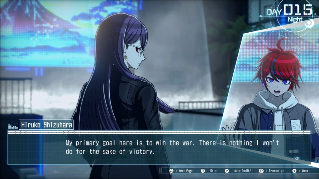 Hiruko has her back turned but looks his way, "My primary goal here is to win the war. There is nothing I won't do for the sake of victory." 