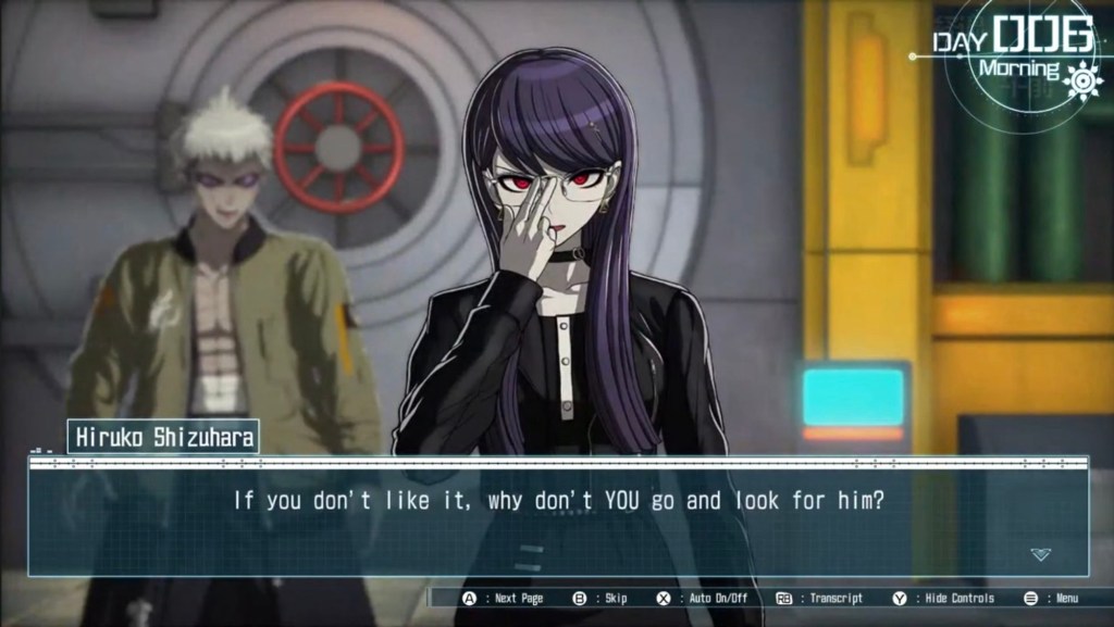Hiruko adjusts her glasses while saying, "If you don't like it, why don't YOU go and look for him?"