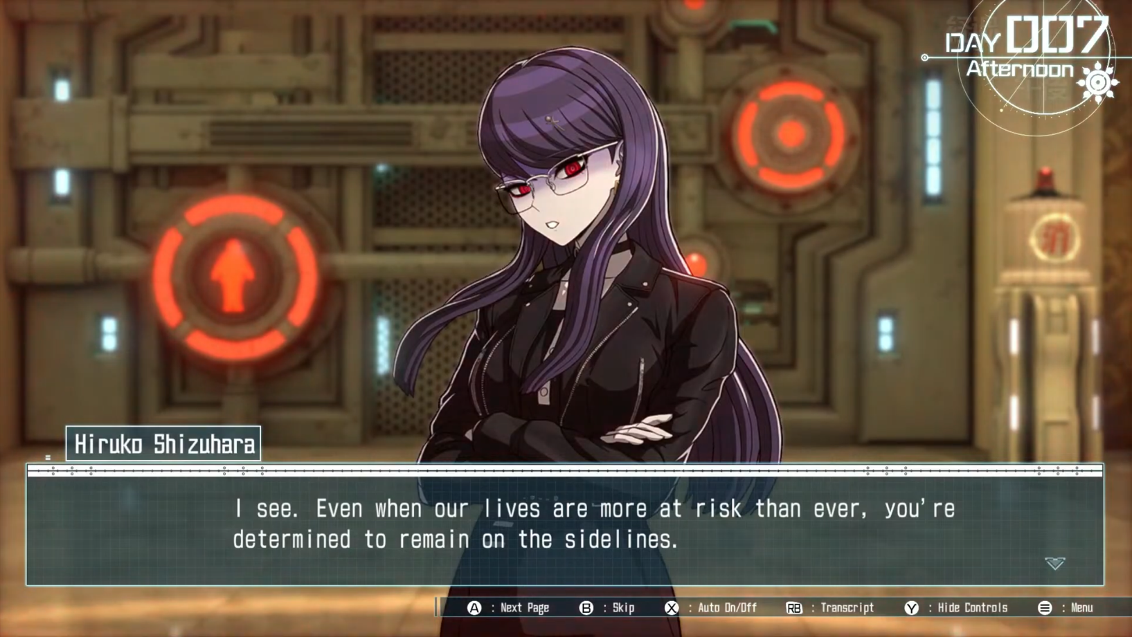 Hiruko looks irritated. She's glaring. She says, "I see. Even when our lives are more at risk than ever, you're determined to remain on the sidelines." This scene happens on Day 7. 