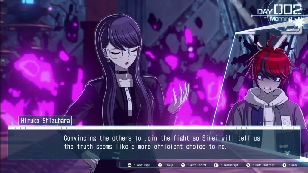 Hiruko has her eyes closed, one hand to the side, one hand open and raised. "Convincing the others to join the fight so Sirei will tell us the truth seems like a more efficient choice to me." Takumi looks distressed. This scene happens on Day 2. They're standing in front of the door to the defense room, pink wall of fire and all. This scene happens on Day 2.