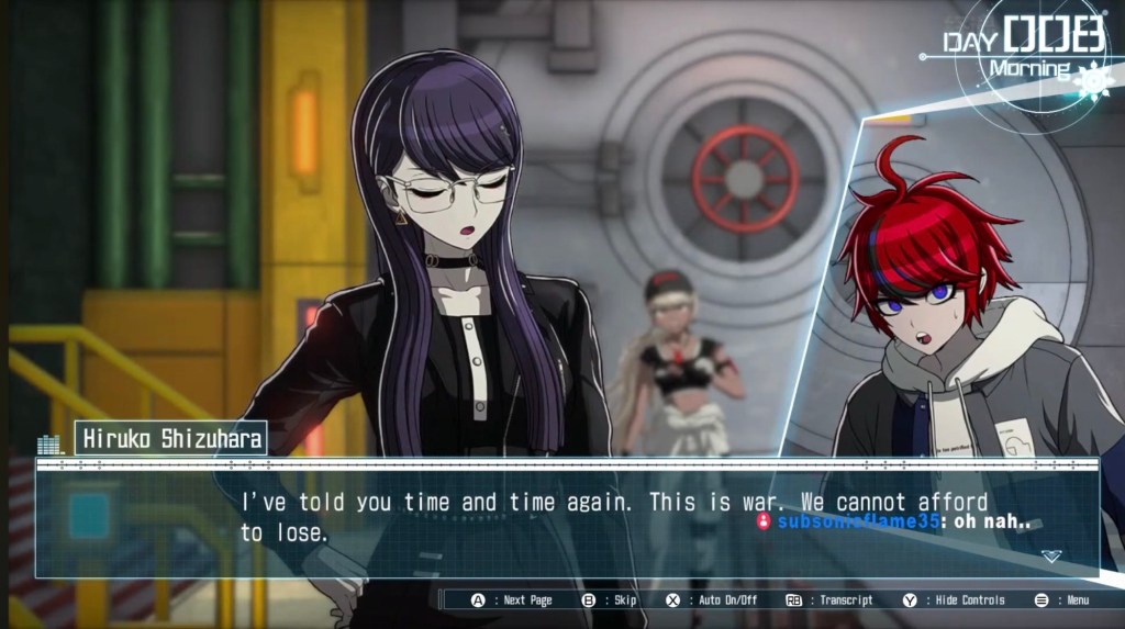 Hiruko has her eyes closed and one hand on her hips. "I've told you time and time again. This is war. We cannot afford to lose." 

subsonicflame35: oh nah.. 
(this screenshot's from the Ian's Mind stream originally so there's some chats that pop up). 