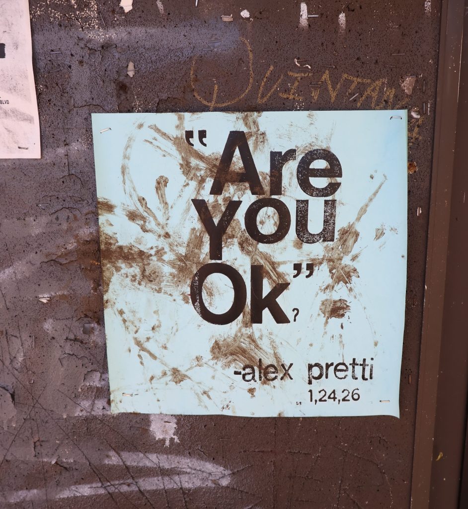 A flyer I found on a bulletin board in a park reads, "Are You Ok?" -alex pretti 1,24,26