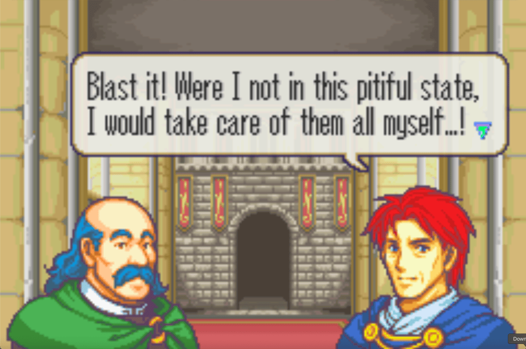 Eliwood, a middle aged man with bright red hair says, "Blast it! Were I not in this pitiful state, I would take care of them all myself...!" Merlinus, a merchant with blue hair that's bald on top but still leaves his hair on the side is also there. He's got a blue mustache too. Yeah.