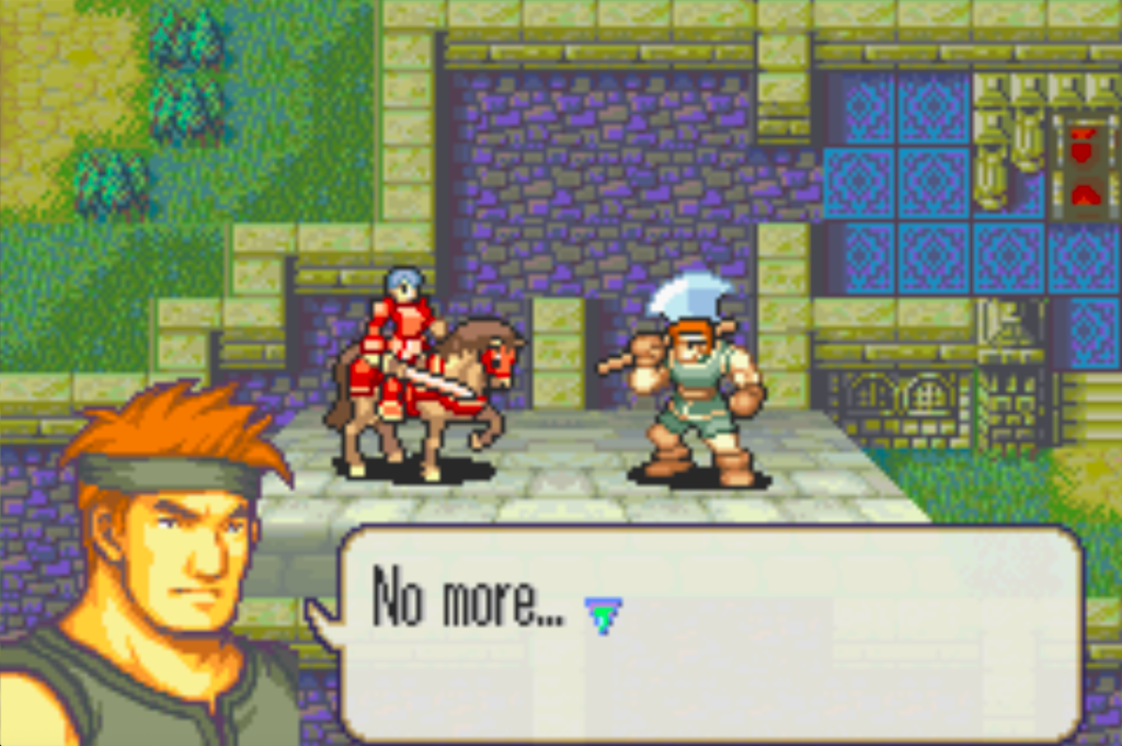 Lot, a bulky axe wielder with orange hair and a green headband looks at the cavalier and says, "No more..." He's dying here rip. 