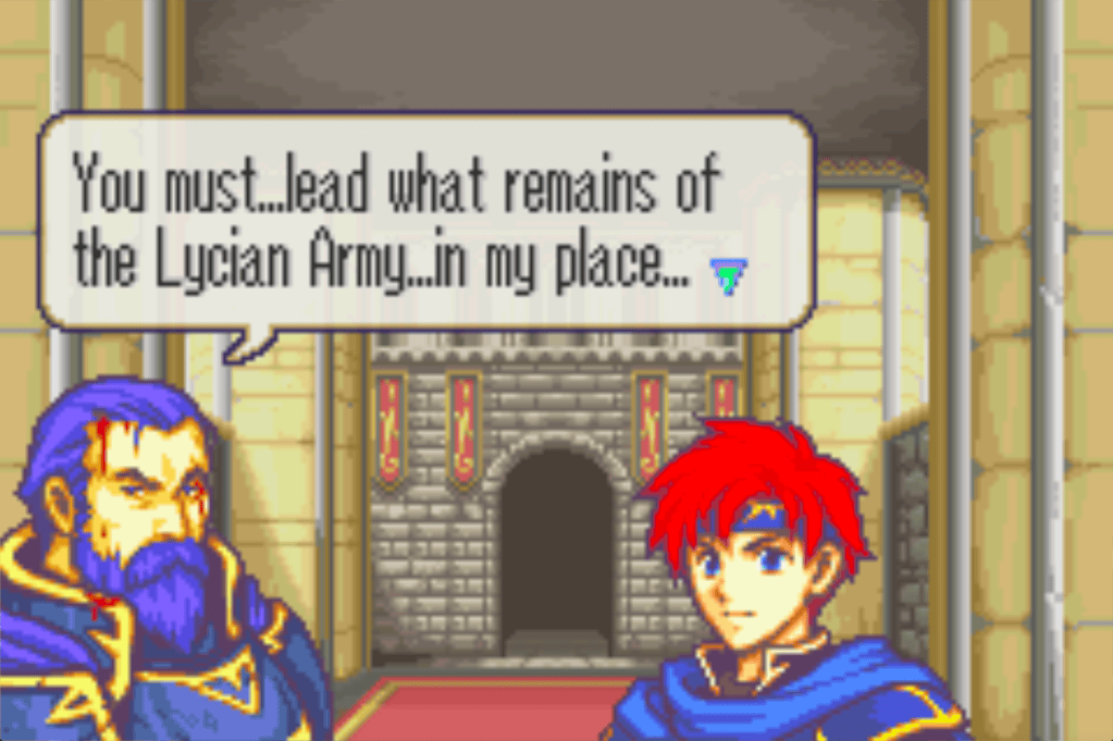 Hector looks like a large man with a thick blue beard, he's bloodied. Roy has his same :| face as always. Hector says, "You must... lead what remains of the Lycian Army... in my place..."