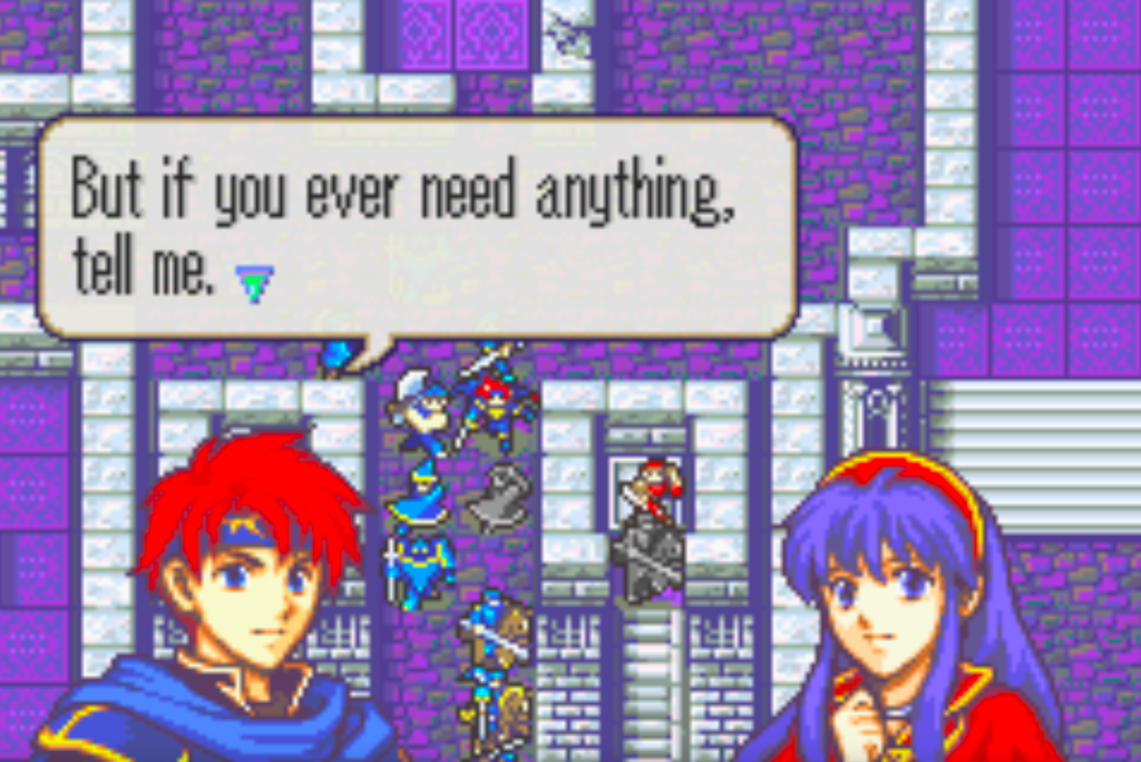 Roy, a strapping young lad with bright red hair and a blue outfit says to Lilina, who's got his color scheme but inverse, "But if you ever need anything, tell me."