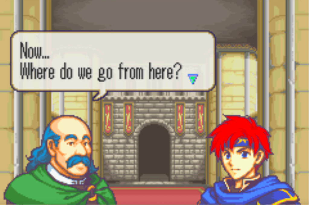 Merlinus, a half-bald blue haired merchant says to Roy, "Now... Where do we go from here?"