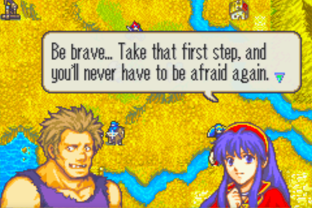 Lilina says to Gonzales, a freaky looking guy who's actually chill, "Be brave... Take that first step, and you'll never have to be afraid again."