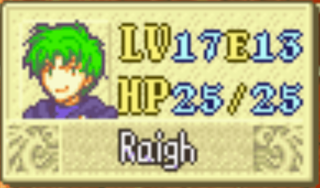 Raigh, has green hair, purple robes, and a mischievous smile. Level 17, experience 13, HP 25/25