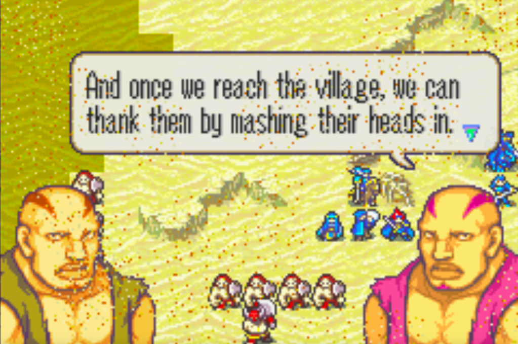 Two buff bald bandits, one wearing olive and the other wearing pink. One says, "And once we reach the village, we can thank them by mashing their heads in."