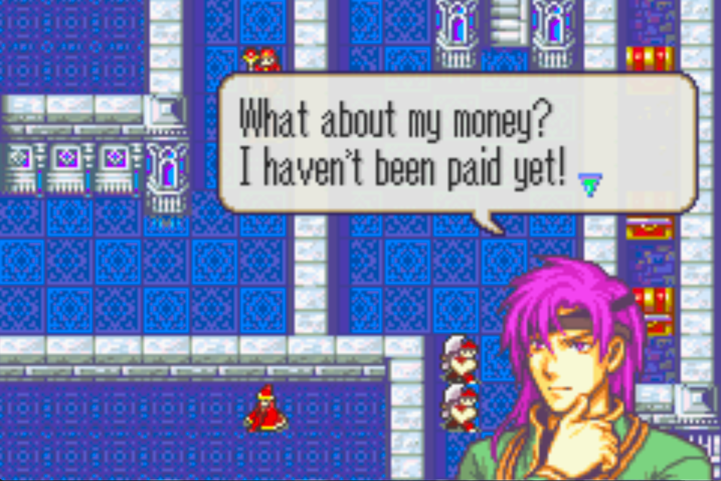 Hugh, a mage with long bright purple hair and holding his thumb to the side of his chin says, "What about my money? I haven't been paid yet!"