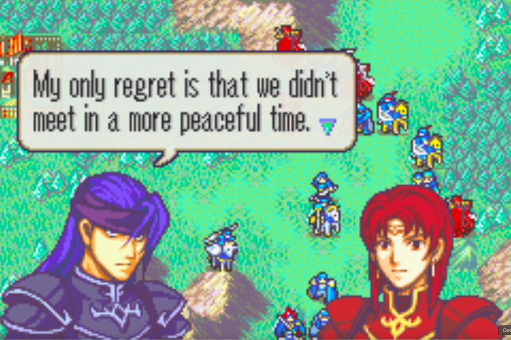 Gale, a brooding looking purple haired wyvern lord says to Melady, our not so brooding red haired wyvern lord, "My only regret is we didn't meet in a more peaceful time."