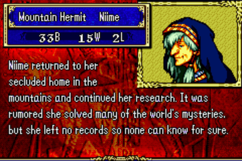 Mountain Hermit Niime, 33B 15W 2L, she is an elderly woman wearing a hooded cloak. Her card reads: "Niime returned to her secluded home in the mountains and continued her research. It was rumored she solved many of the world's mysteries, but she left no records so none can know for sure."