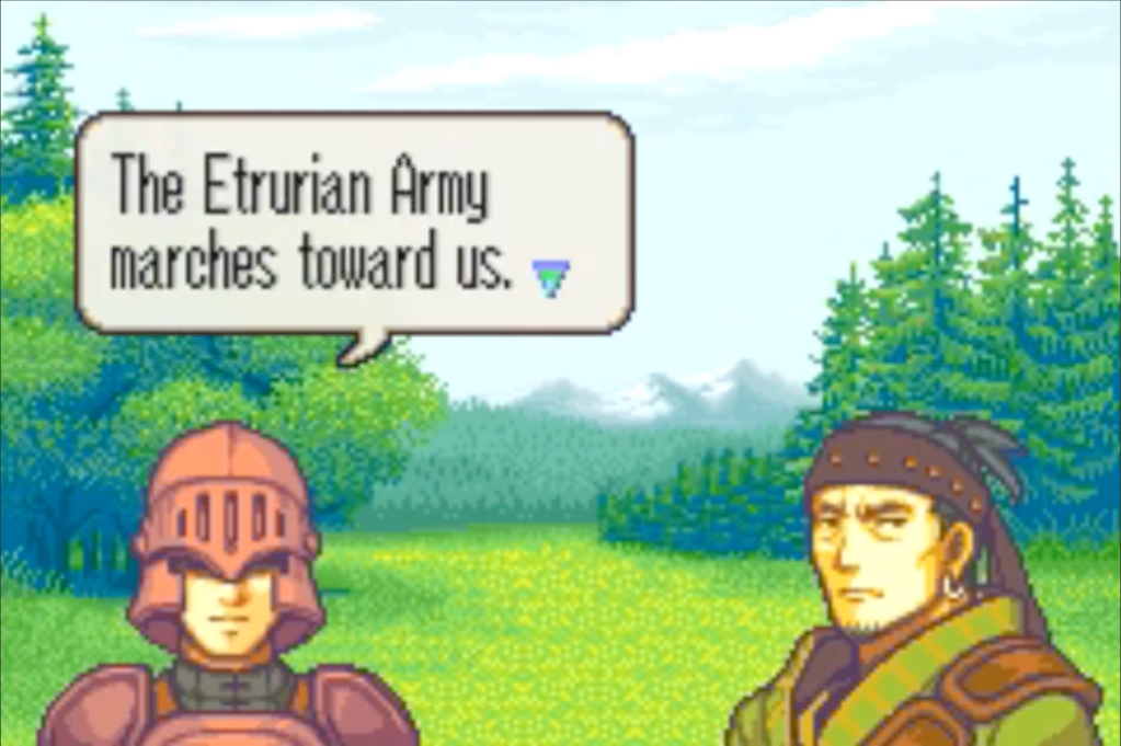 A Sacaean soldier that looks like any other generic Fire Emblem soldier says, "The Etrurian Army marches towards us." They stand on a grassy plain with trees further back.