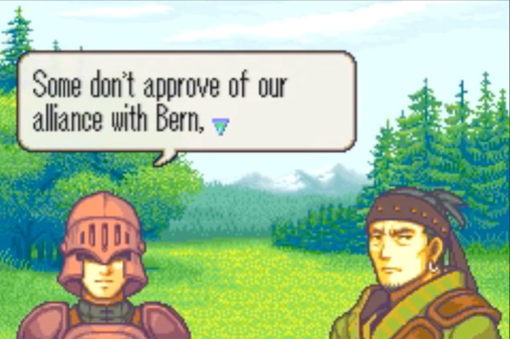 The soldier says, "Some don't approve of our alliance with Bern,"