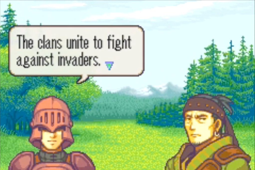 Soldier says, "The clans unite to fight against invaders."