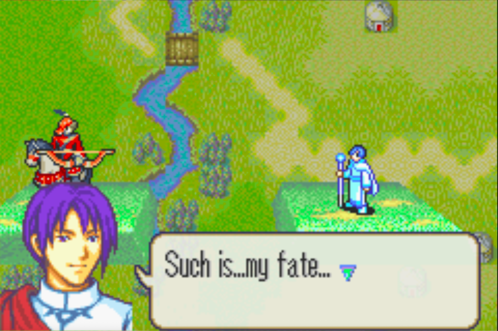 Saul, a purple haired priest, is killed by a bow wielding nomad. He says, "Such is... my fate..."